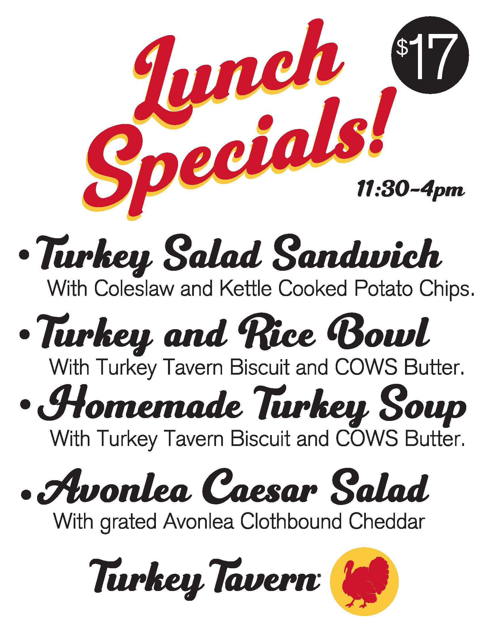 Turkey Tavern Menu - PEI Roast Turkey Dinner $28, Hot Turkey Sandwich $24, Creamed Turkey on a Turkey Tavern Biscuit $24, Traditional PEI Meat Pie $26, Happy Holiday Sandwich $23, Turkey Salad Sandwich $18, Turkey Tavern Gumbo $22, Turkey and Rice Bowl $19